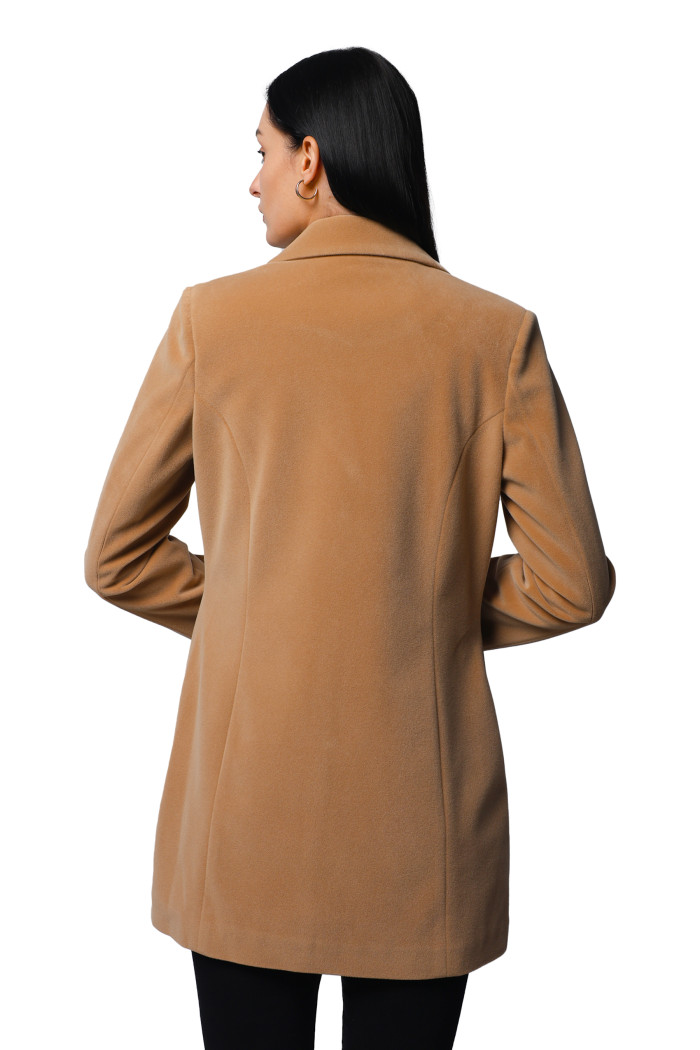 A model showcasing Women Semi Long Coat In Bonded Velvet Fabric thumbnail.